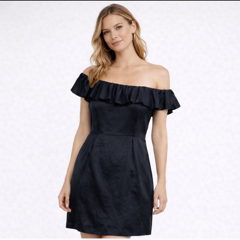 Banana Republic Black Silk Ruffle Neck Mini Dress | Off-Shoulder Elegant Size 2